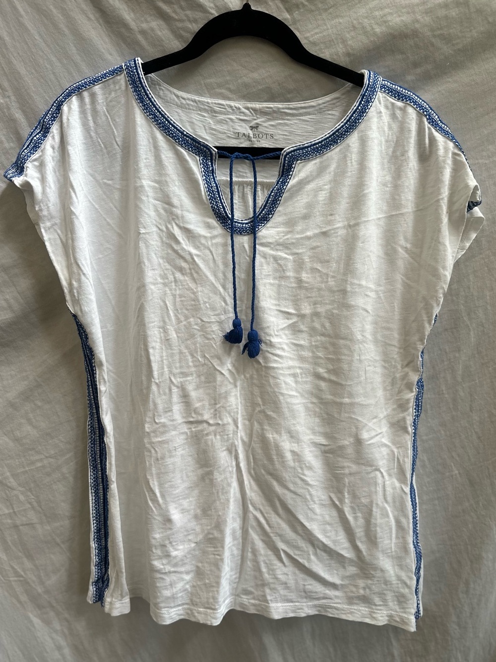 Talbots White Cotton Tie-Neck Tunic with Blue Embroidered Trim